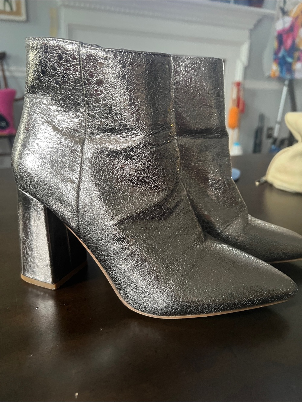 ShuShop Metallic pewter textured Pointed toe Block Heel side zip Ankle Boots / 8